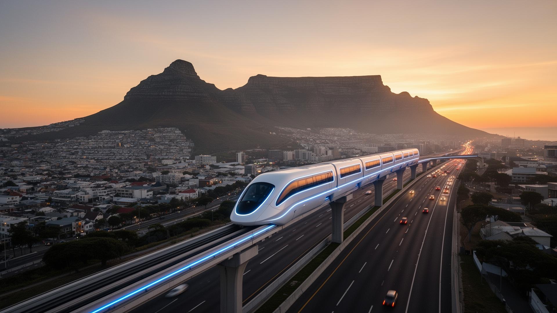 Futuristic elevated train above Cape Town with Table Mountain at sunset