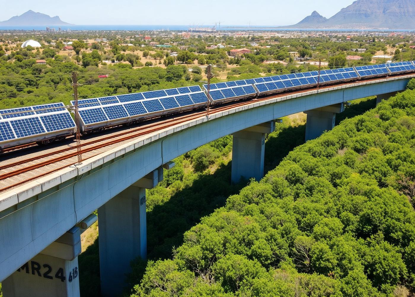 Solar panels along an elevated rail viaduct through green Cape Town landscape